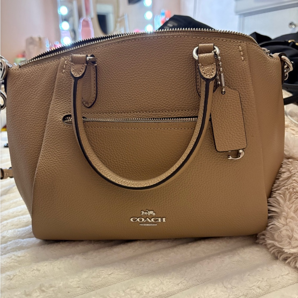 Coach Tan Crossbody Bag with Structured Shape and silver Hardware